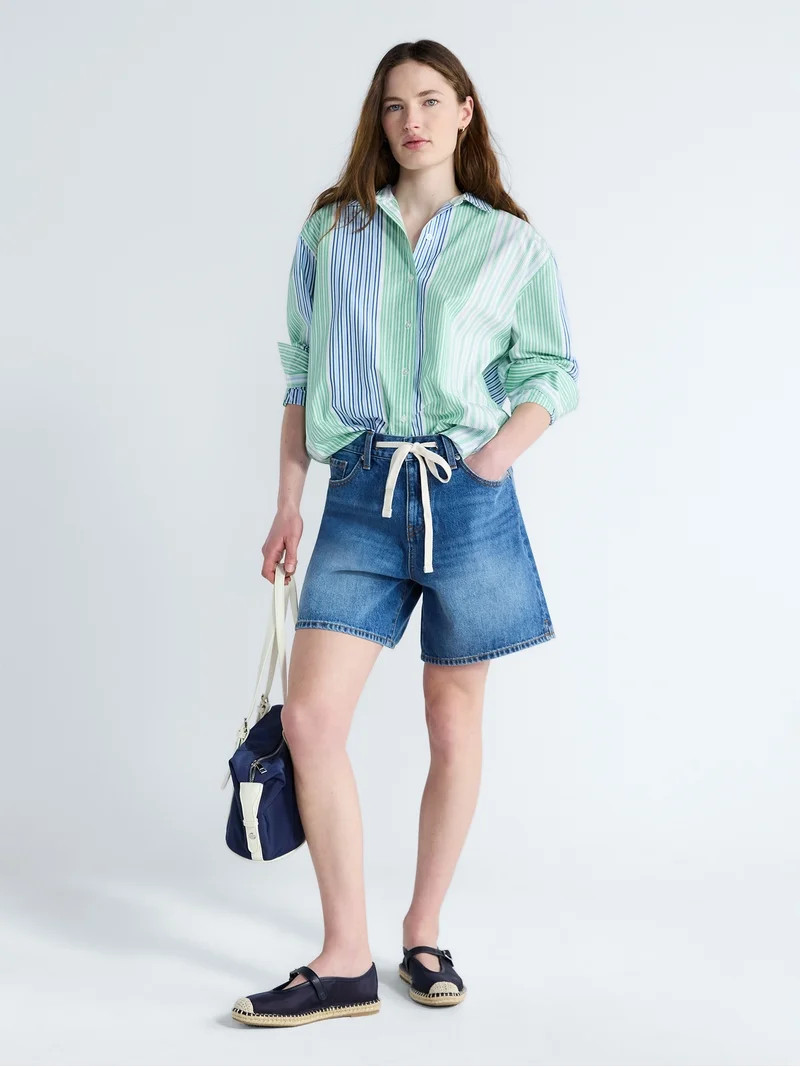 Free Assembly Women's and Women's Plus Relaxed Button Down Cotton Shirt with Long Sleeves, Sizes ... | Walmart (US)