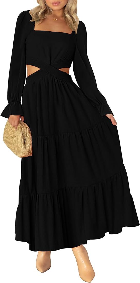 MEROKEETY Women's 2023 Long Sleeve Cutout Maxi Dress Square Neck Crossover Waist Ruffle Tiered Casua | Amazon (US)