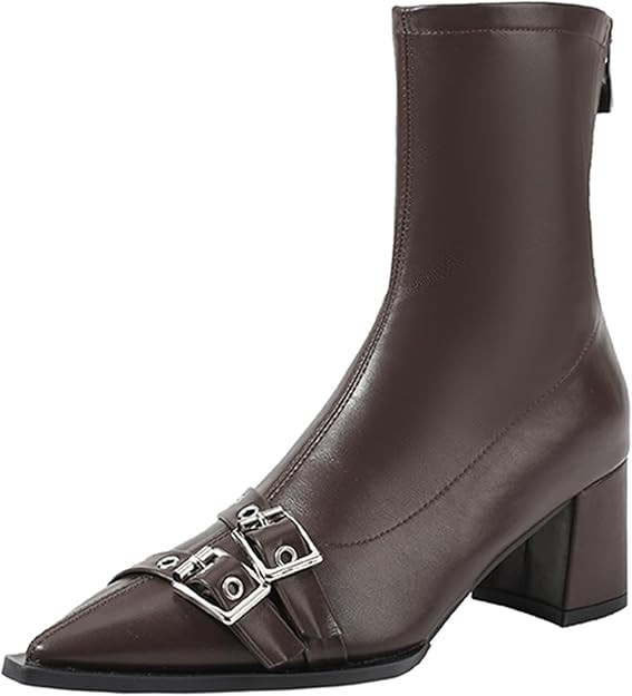 Women's Leather Chunky Heel Ankle Boots Fashion Pointed Toe Monk Strap Mid Block Heel Chelsea Wes... | Amazon (US)