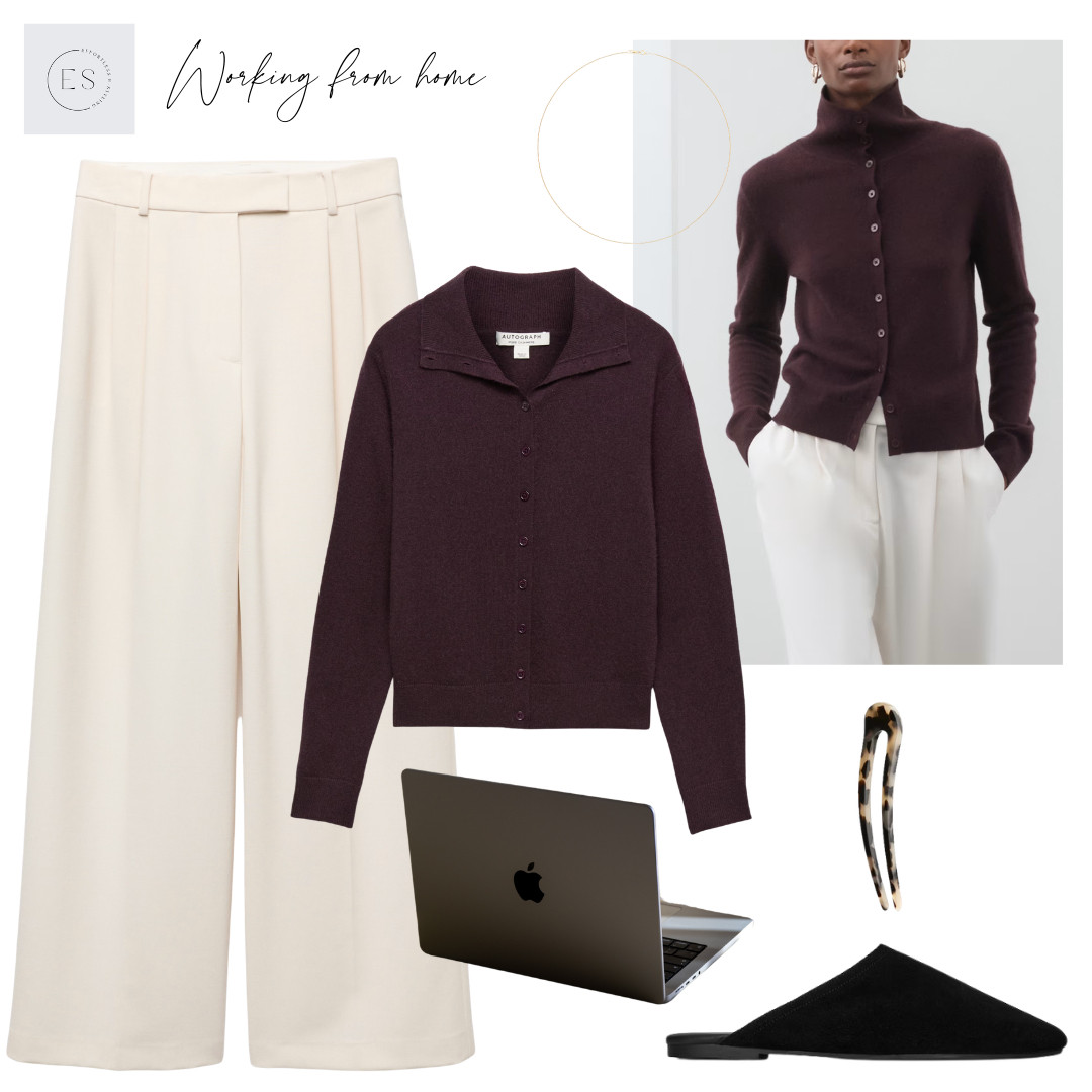 Smart casual working from home outfit. 

Aubergine / purple pure cashmere funnel neck cardigan (can be worn up or down) black suede slipper mules, tortoiseshell hair pin, gold chain necklace, wool blend cream tailored elasticated trousers. 

 #LTKuk #LTKautumn #LTKworkwear