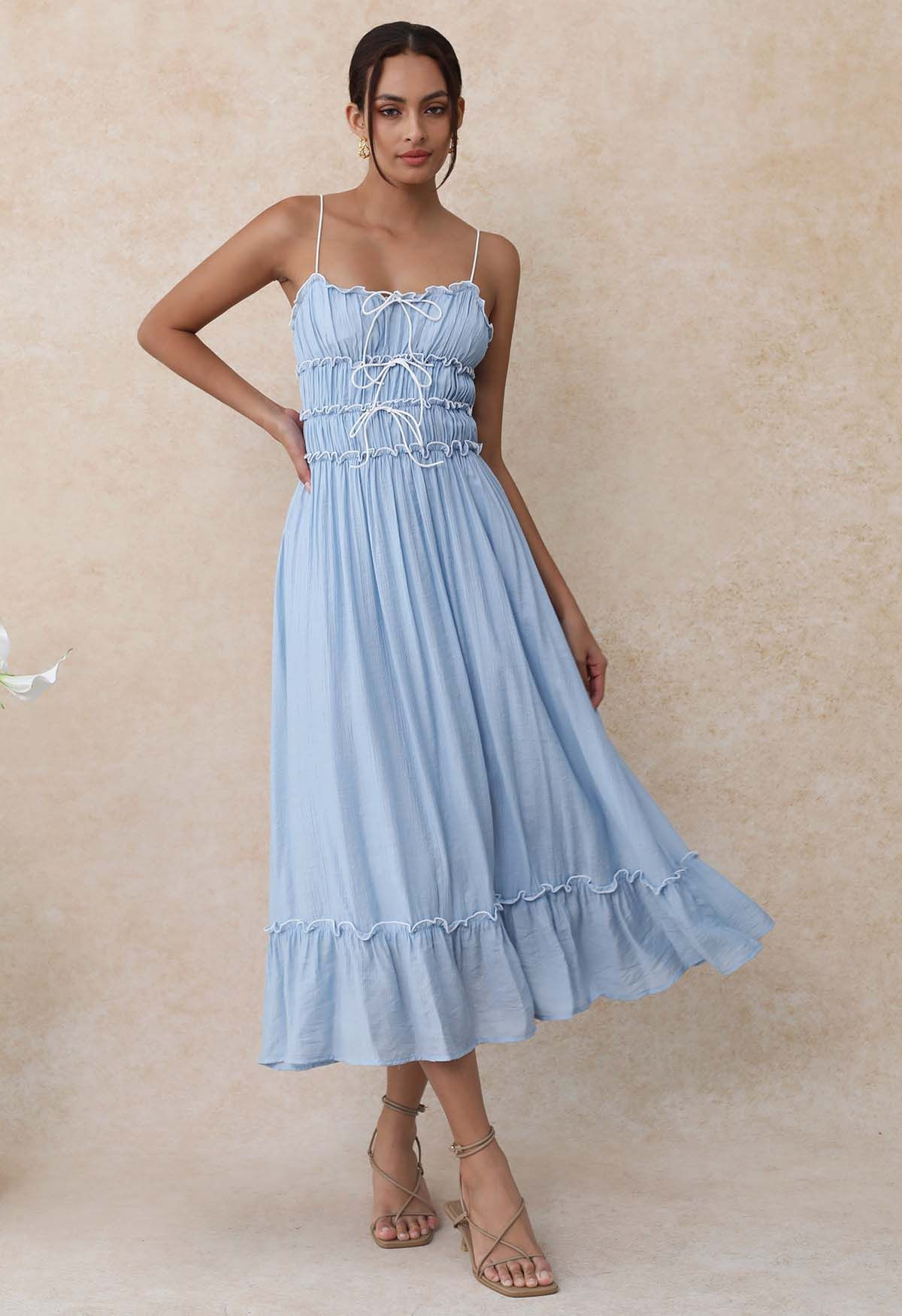 Self-Tie Bowknot Ruffle Cami Midi Dress in Light Blue | Chicwish