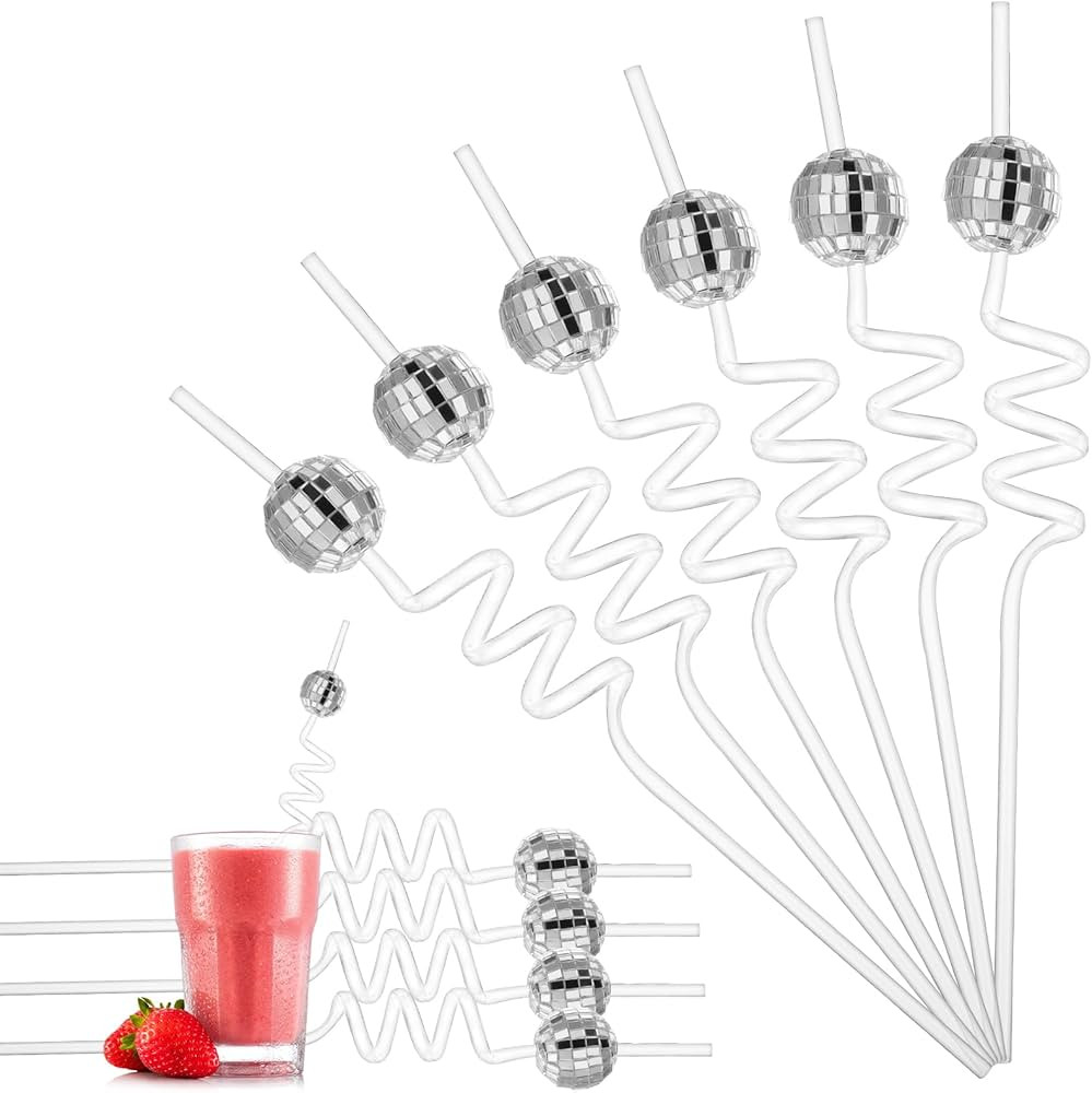 10 Pieces Disco Ball Straws, 70s Disco Party Decorations Reusable Plastic Straws Mirror Reflectiv... | Amazon (US)