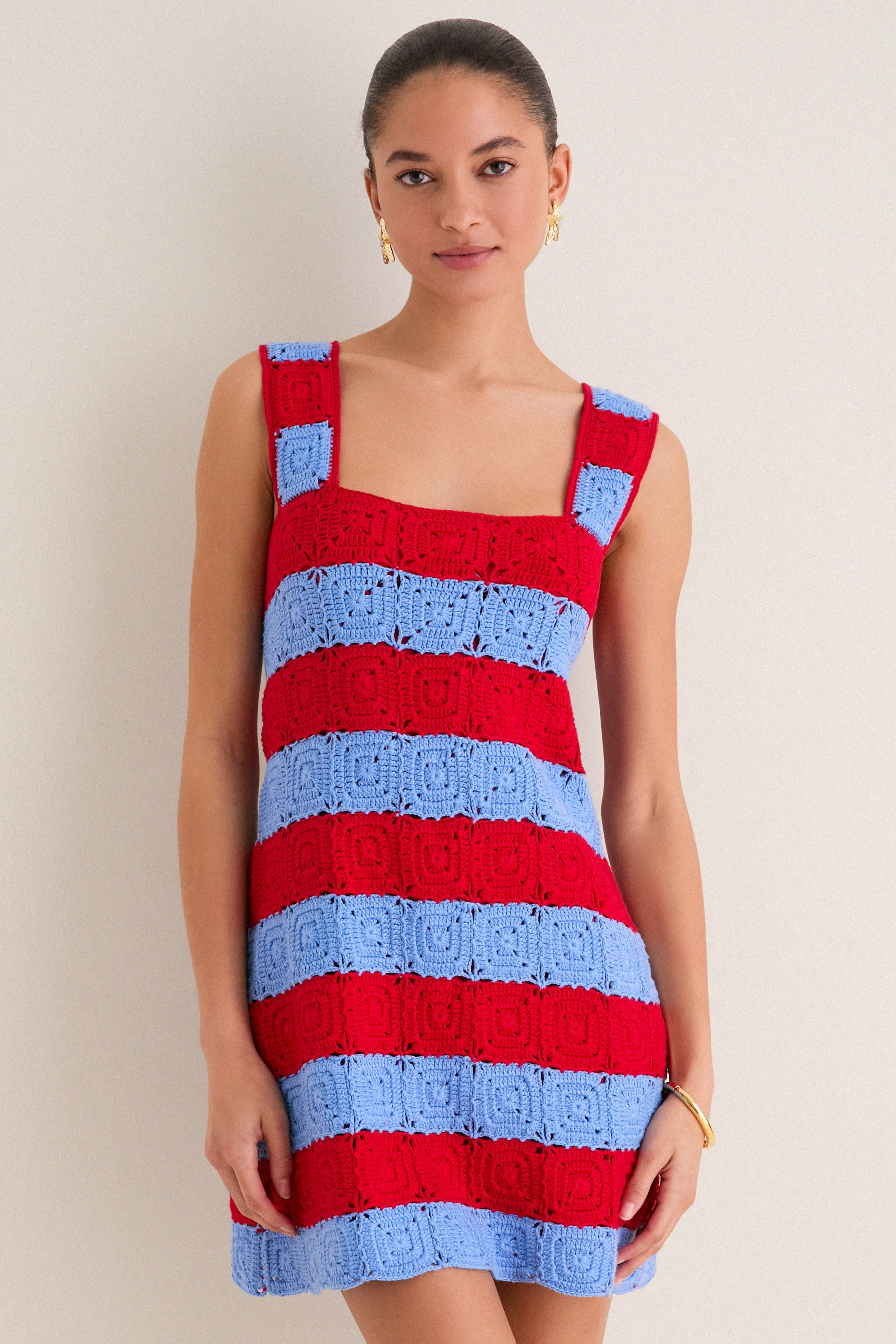 Cornflower Blue & Red Crochet Cooper Mini Dress | Tuckernuck (US)