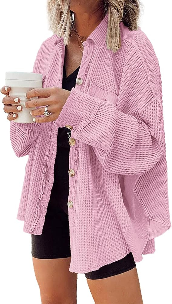 Nirovien Womens Waffle Knit Shacket Oversized Button Down Shirt Jacket Lightweight Spring Outfits... | Amazon (US)