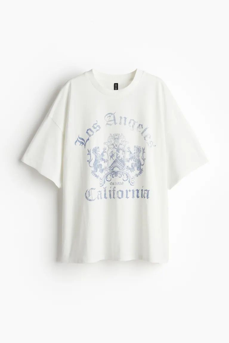 Oversized Motif-detail T-shirt - Cream/Los Angeles - Ladies | H&M US | H&M (US + CA)