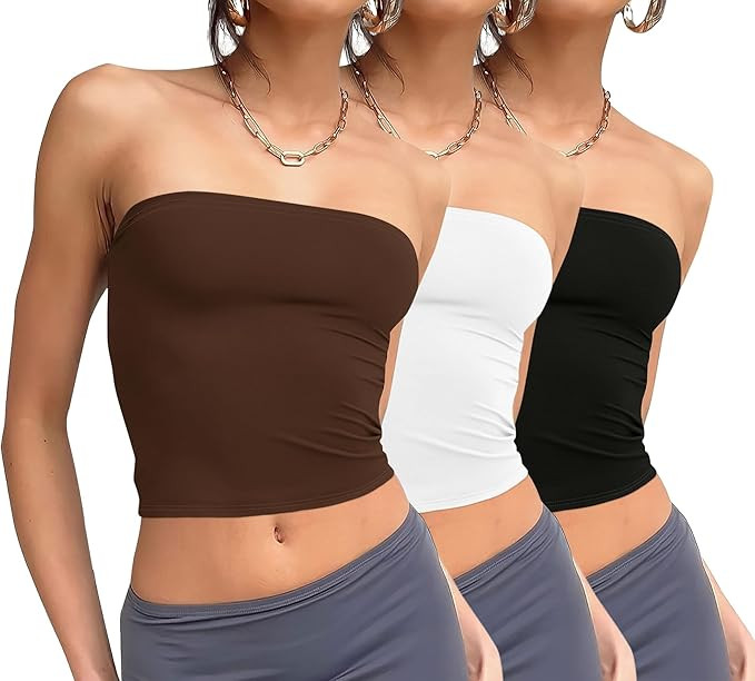 WIHOLL 3 Pack Tube Tops for Women Slim Fit Crop Tops Going Out Strapless Tank Tops Bandeau Summer... | Amazon (US)