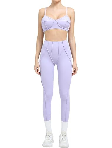ABOCIW Two Piece Workout Sets for Women Contour Stitch Sports Bras High Waist Leggings 2 Piece Gym Sets Yoga Pilates Outfits Active Wear Purple Small | Amazon (US)