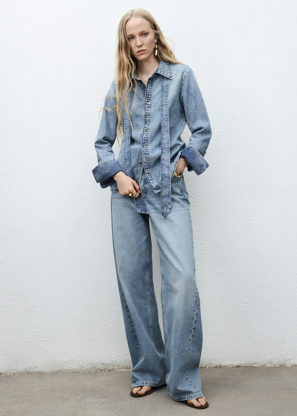 Denim shirt with bow medium blue - Woman - 8 - MANGO | Mango (US/MX/AU)