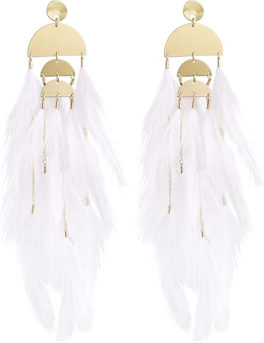 Badu Women Feather Earrings Long Tassel Bohemian Jewelry Wedding Accessories | Amazon (US)