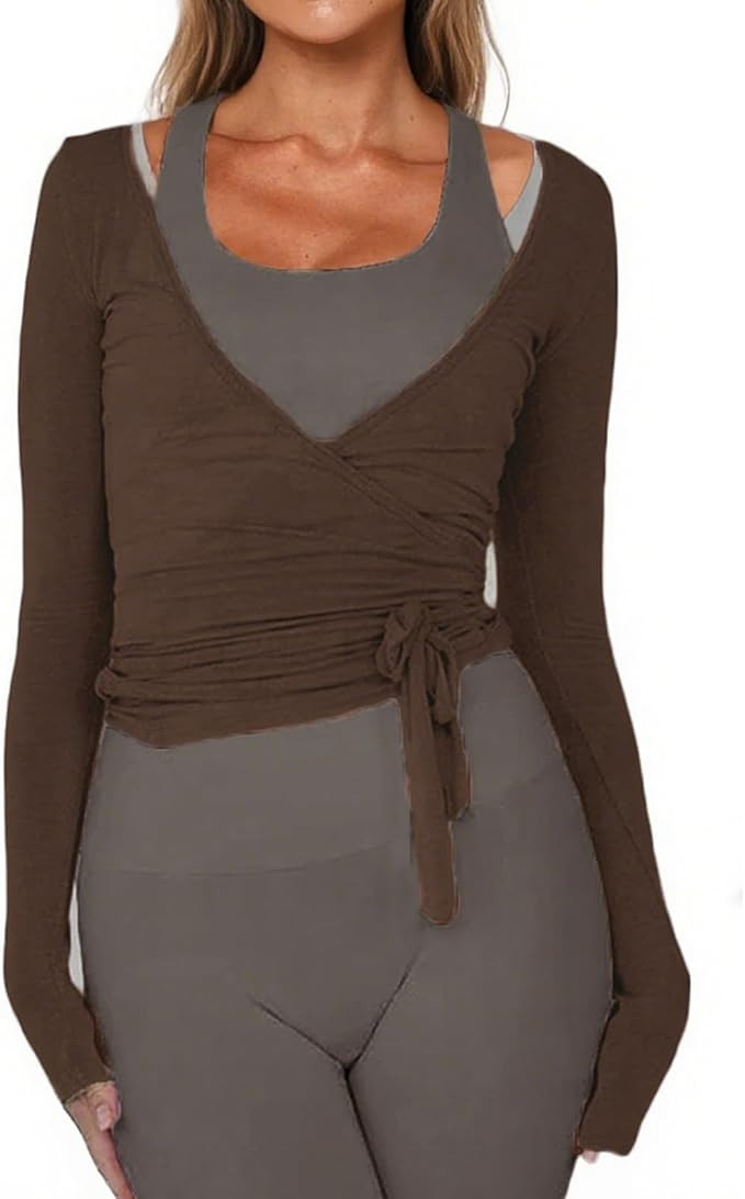 Women Ballet Wrap Top Long Sleeve Self Tie Dance Shirt Pilates Yoga Tops Y2k Workout Active Blous... | Amazon (US)