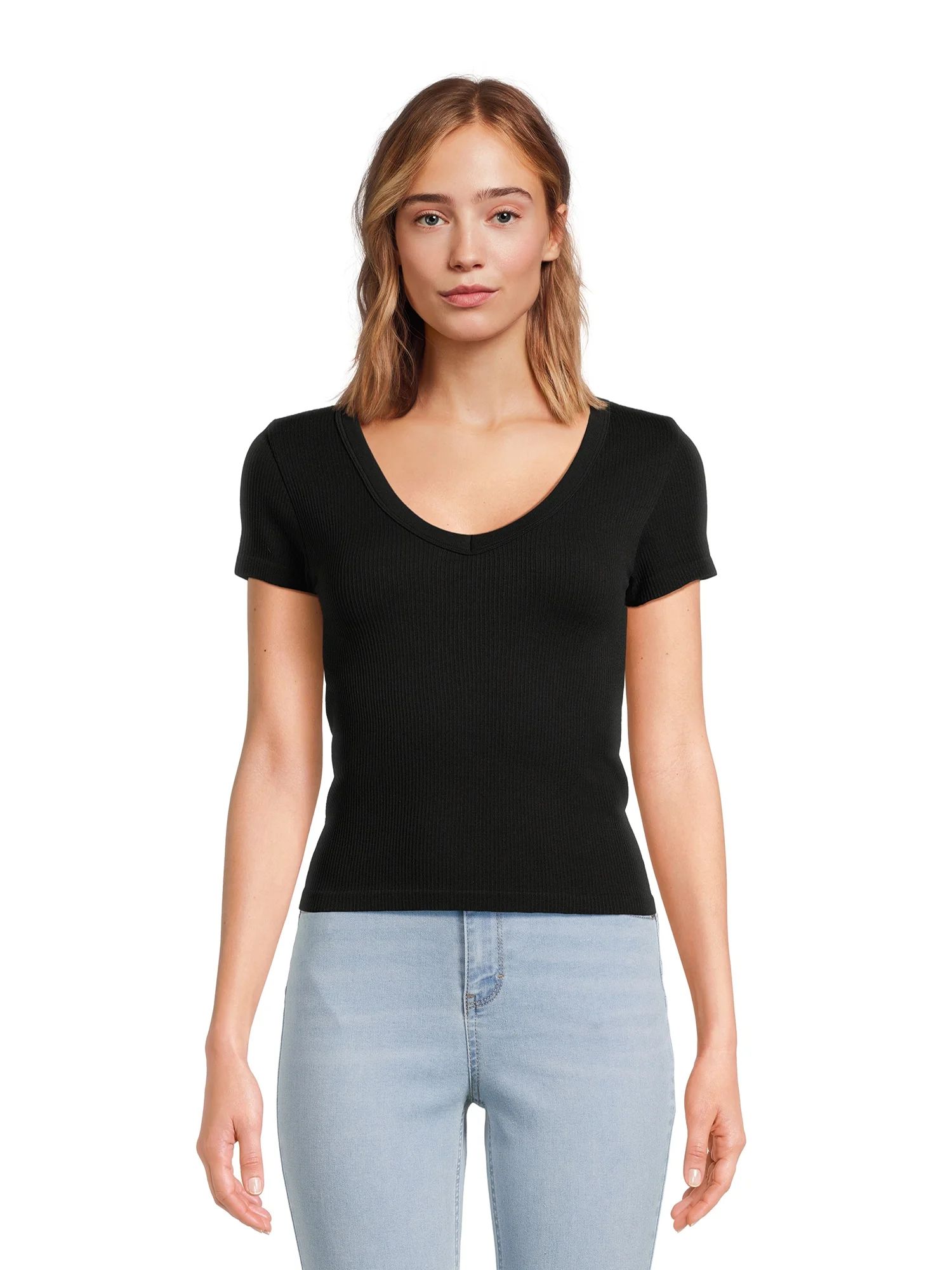 No Boundaries Juniors V-Neck Seamless Tee | Walmart (US)