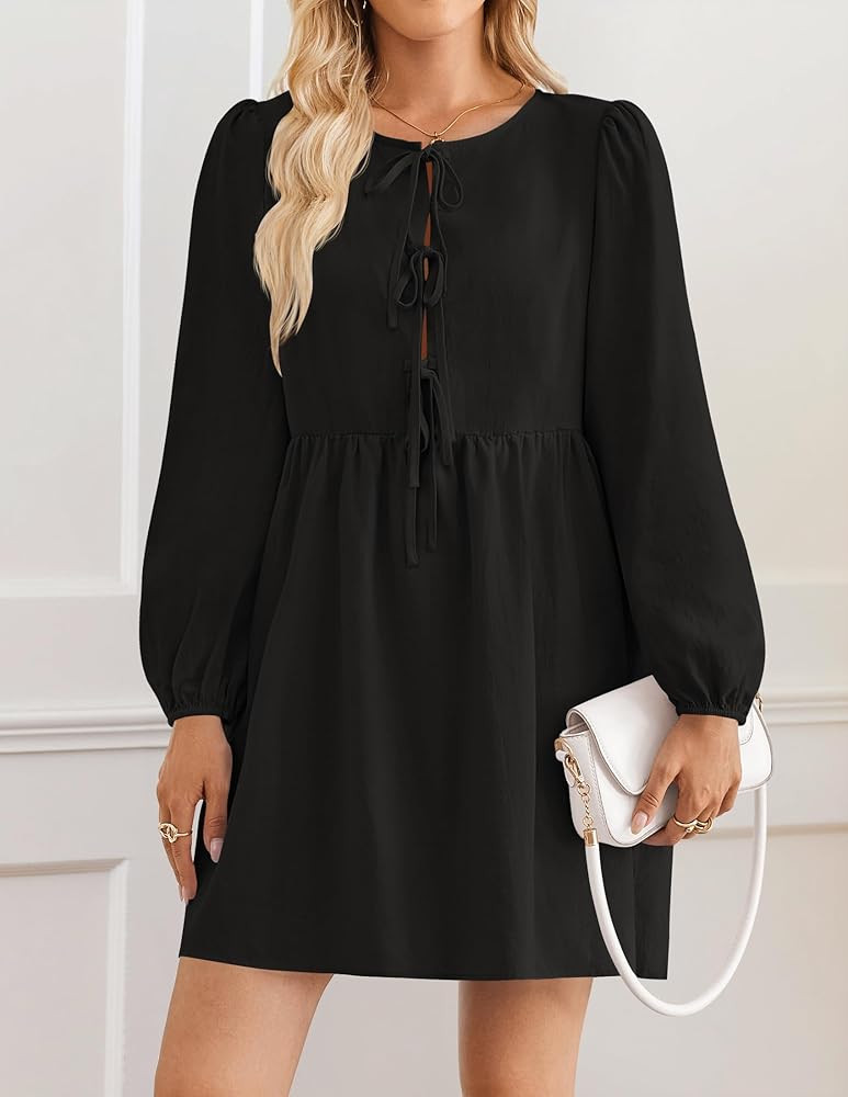 ZESICA Women's Dress Fall Long Puff Sleeve Self Tie Front Babydoll A Line Pleated Cute Mini Tunic... | Amazon (US)