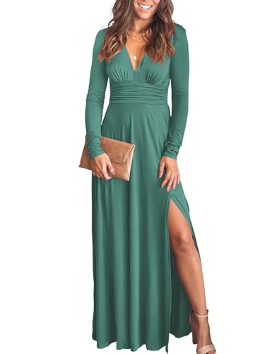 ANRABESS Women Deep V Neck Long Sleeve Slit 2025 Fall Elegant Formal Wedding Guest Cocktail Evening Date Prom Maxi Long Dress Blue X-Large | Amazon (US)
