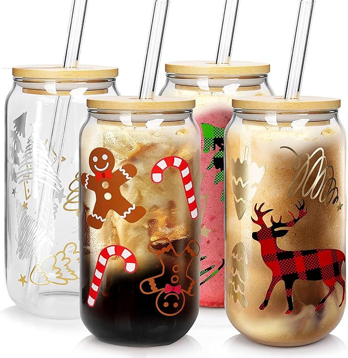 Christmas Cups, 18oz Christmas Iced Coffee Glass Cups with Lids and Straws White Elephant Gifts f... | Amazon (US)