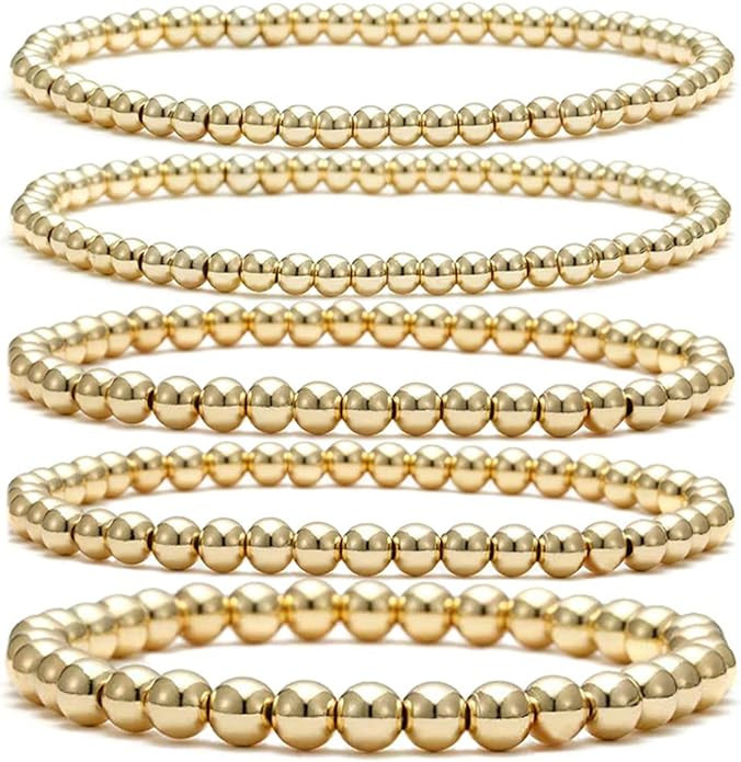 Beaded Bracelet for Women Stack 14 K Real Gold Ball Beads Bracelet Elastic String Friendship Brac... | Amazon (US)