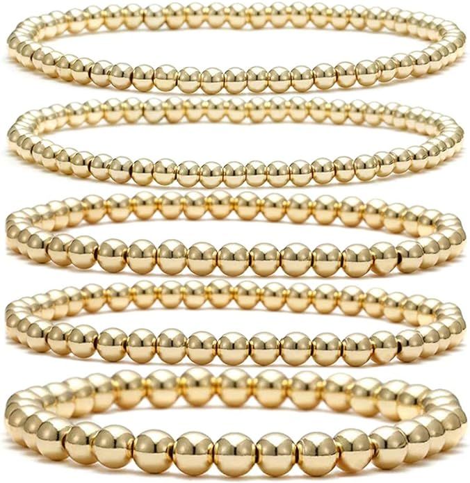Beaded Bracelet for Women Stack 14 K Real Gold Ball Beads Bracelet Elastic String Friendship Brac... | Amazon (US)