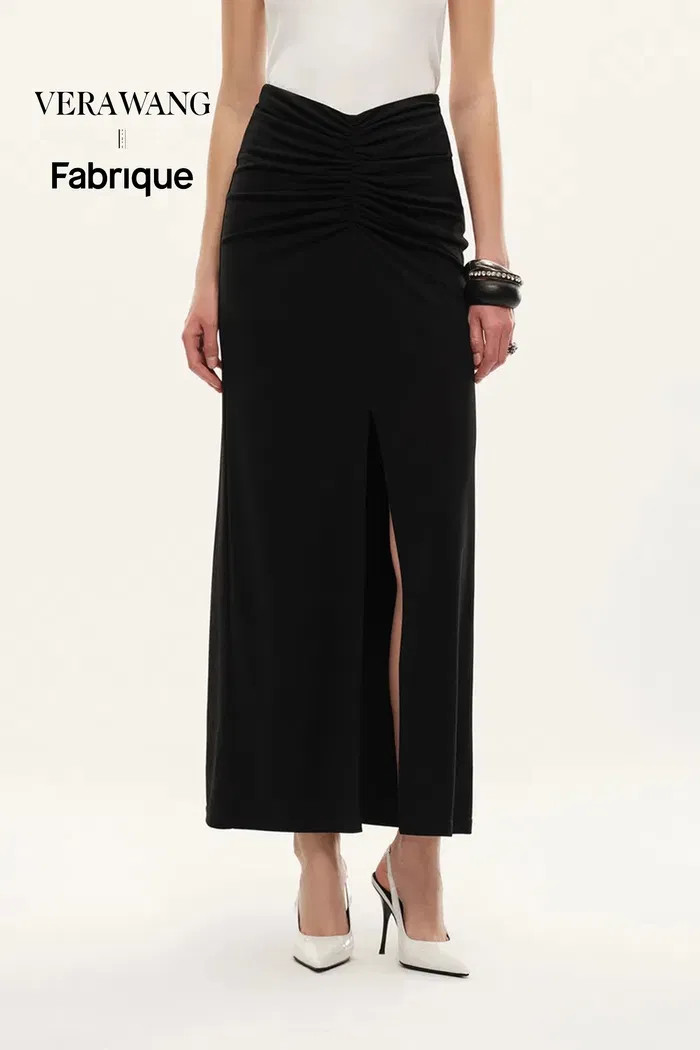 Siren Ruched Slit Midi Skirt in Four Way Stretch Fabric | Fabrique