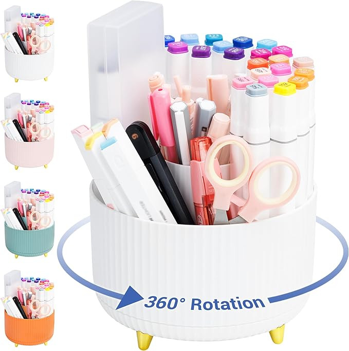 Pen Holder for Desk - Pencil Holder with 5 Compartments, 360°Rotating desk organizer and accesso... | Amazon (US)