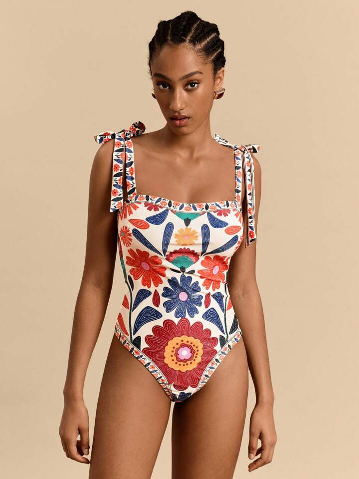 Travachic Women's Adjustable Strap Floral Print One-Piece Swimsuit, Fitted Casual Style, Summer Beach Vacation | SHEIN