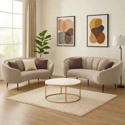 Zui 2Pc Sofa Loveseat Set, Modern Curved Shape Beige Tufted Fabric, 4 Pillows | Wayfair North America