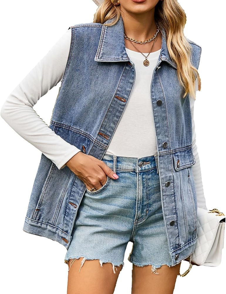 PAODIKUAI Women's Oversized Denim Vest Mid Long Jean Vest Sleeveless Jackets Distressed Vest Cott... | Amazon (US)