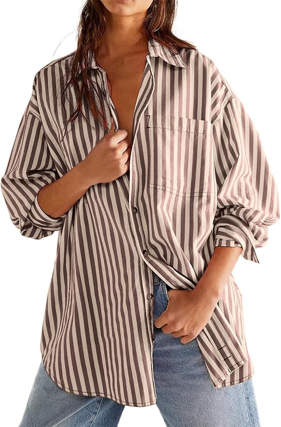 CHYRII Womens Overisized Striped Button Down Shirt Casual Long Sleeve Blouse Top | Amazon (US)