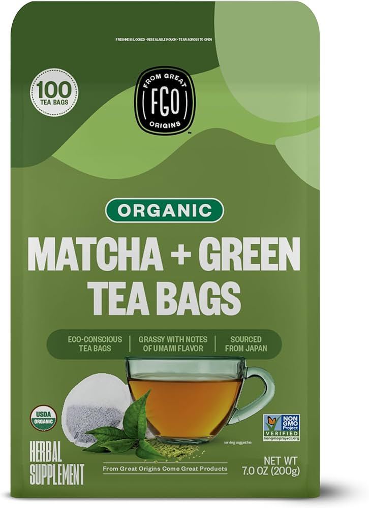 FGO Organic Japanese Matcha + Green Tea, 100 Count, Eco-Conscious Tea Bags, Resealable Bag, Packa... | Amazon (US)