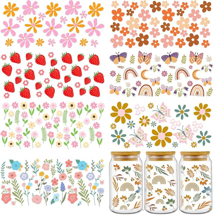 Rngmsi 8 Sheets Flower UV DTF Cup Wraps for 16 oz, Cold UV DTF Stickers | Amazon (US)