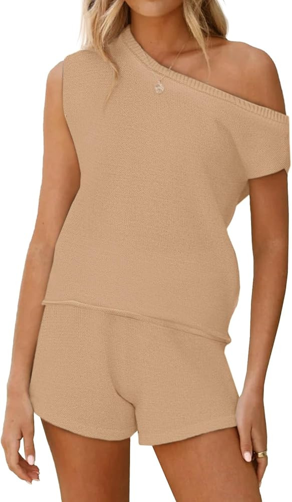Tankaneo Womens Off The Shoulder 2 Piece Outfits Sweater Sets Shorts Casual Matching Lounge Sets ... | Amazon (US)