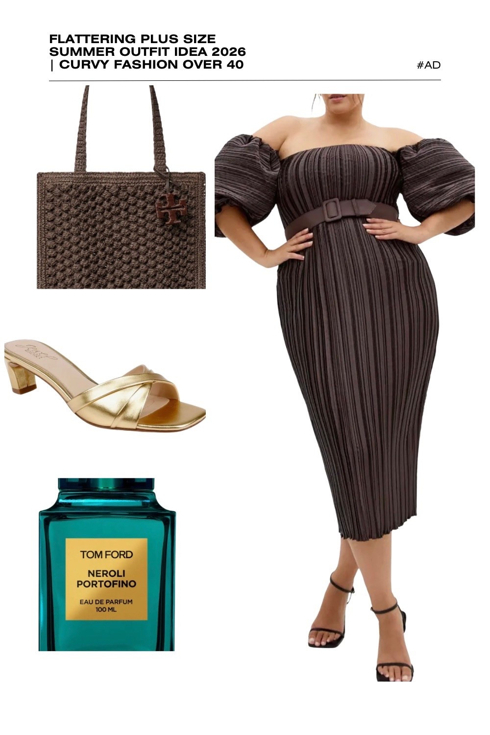 Elevate your seasonal wardrobe with this chic chocolate brown plus size summer outfit idea for 2026! This flattering pleated midi dress is a standout choice for curvy fashion over 40, featuring dramatic puff sleeves and a matching belt that beautifully defines the waist. The vertical pleats offer an elongating effect, making it the perfect summer cocktail dress or upscale dinner look.
We’ve styled this textured brown dress with a Tory Burch chocolate straw tote and radiant gold metallic block heel slides for a luxurious finish. The ensemble is perfectly completed with the fresh, citrusy notes of Tom Ford Neroli Portofino. Discover how to style rich earth tones for summer with elevated accessories. #PlusSizeFashion #BrownMidiDress #PleatedDress #SummerOutfits2026 #CurvyStyle #TomFordNeroliPortofino #ToryBurchBag