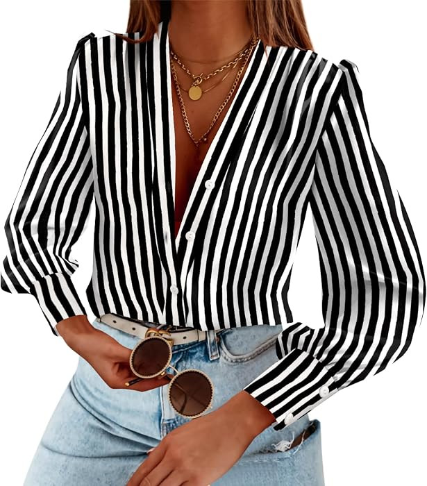 Women's Business Casual Tops Long Sleeve Button Down Shirts V Neck Blouses | Amazon (US)