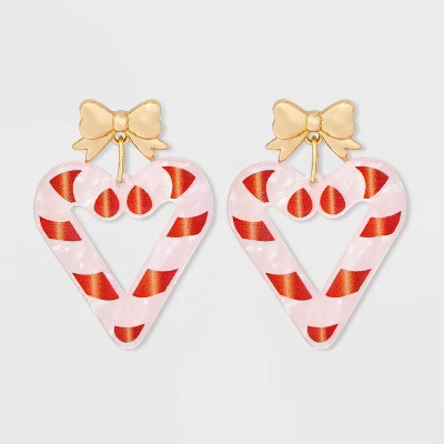 Holiday Candy Cane Heart Bow Post Drop Earrings - Gold/Pink/Red | Target