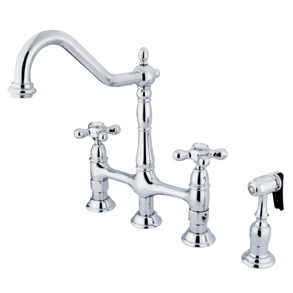 Kingston Brass Heritage Two-Handle 4-Hole Deck Mount Bridge Kitchen Faucet with Brass Side Spraye... | Wayfair North America