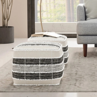 Simpli Home Barley Pouf, White/Beige/Black | Ashley Homestore