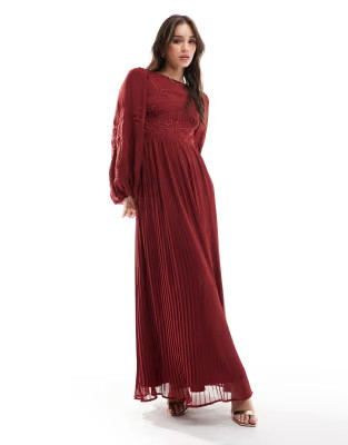 ASOS DESIGN cutout embroidery pleated maxi dress in burgundy | ASOS | ASOS (Global)