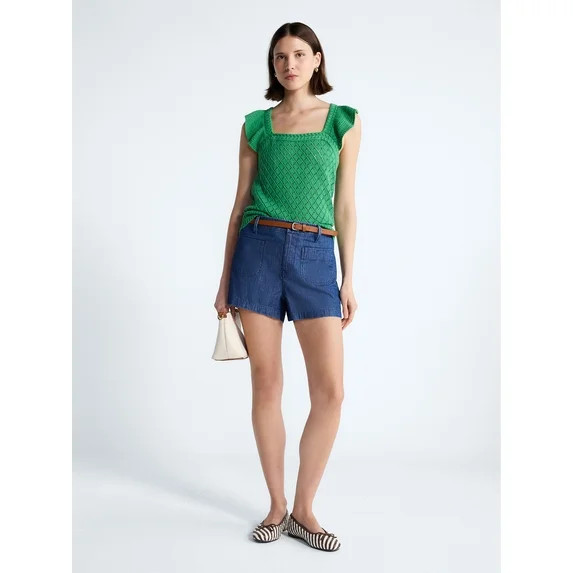 Free Assembly Women's and Women's Plus Square Neck Cotton Sweater with Flutter Sleeves, Sizes XS-... | Walmart (US)