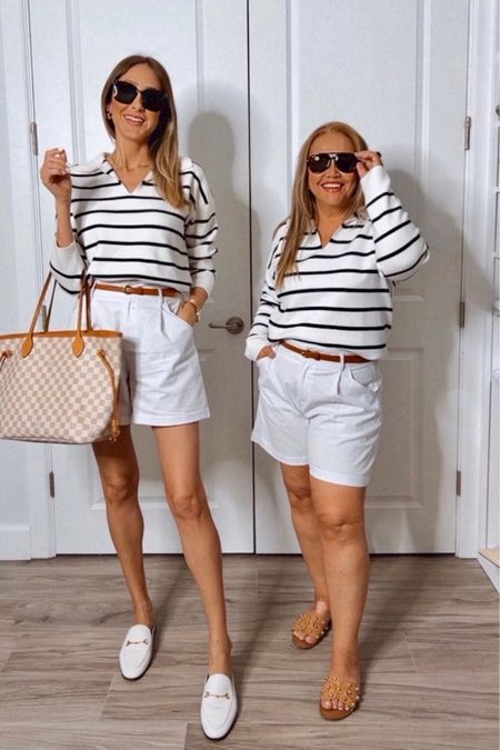 Casual spring outfit-white shorts, white with black stripe pullover, sanals, comfortable style, everyday outfit. Boat outfit, weekend outfit. Style, not size. I'm wearing M bottoms, a large top, and Aline small.



#liketkit #LTKtravel #LTKSeasonal