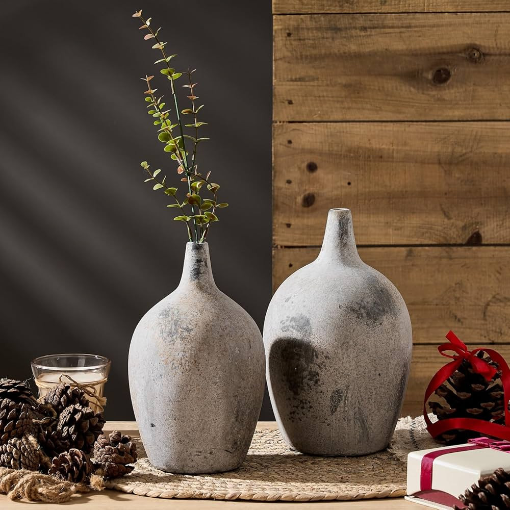 SIDUCAL Ceramic Rustic Farmhouse Vase Set, 2PC Terracotta Vase, Minimalist Decorative Vases for H... | Amazon (US)