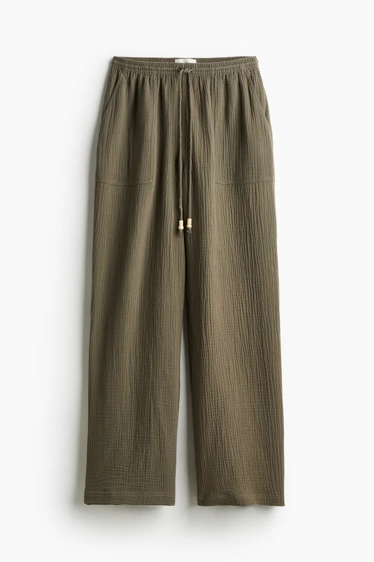 Muslin pull-on trousers - Dark khaki green - Ladies | H&M GB | H&M (UK, MY, IN, SG, PH, TW, HK)
