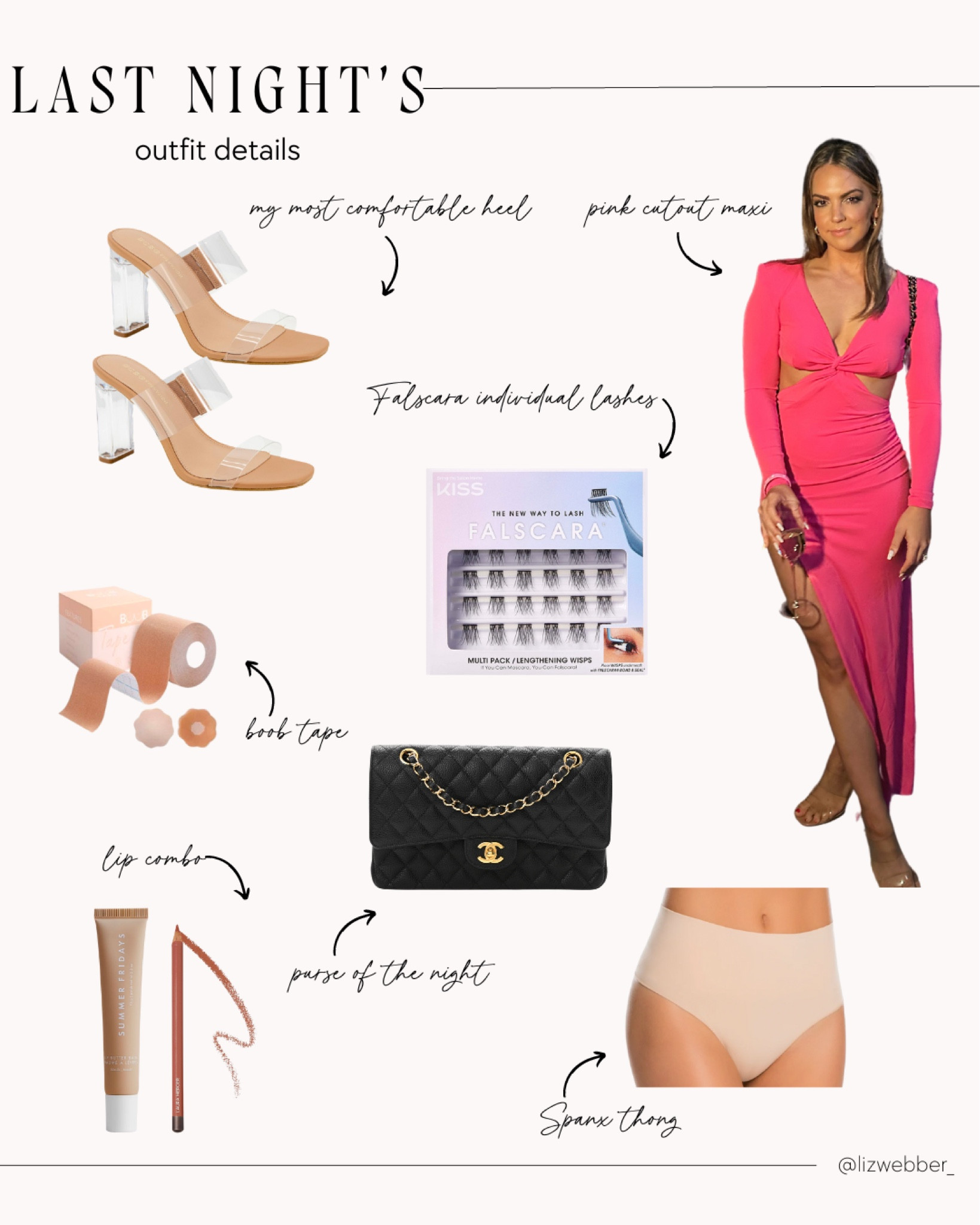 Last night’s event outfit details! Valentine’s Day dress, Spanx thong, individual lashes, and clear block heels!