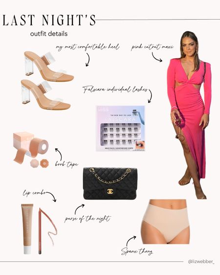 Last night’s event outfit details! Valentine’s Day dress, Spanx thong, individual lashes, and clear block heels!