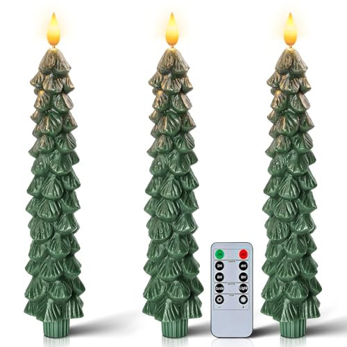 Homemory 3 Pcs Christmas Tree Candles with Remote, Waxy Flameless Taper Candles Flickering, Green LED Candlesticks Battery Operated for New Year Celebration Holiday Decorations 9.7 Inches | Amazon (US)