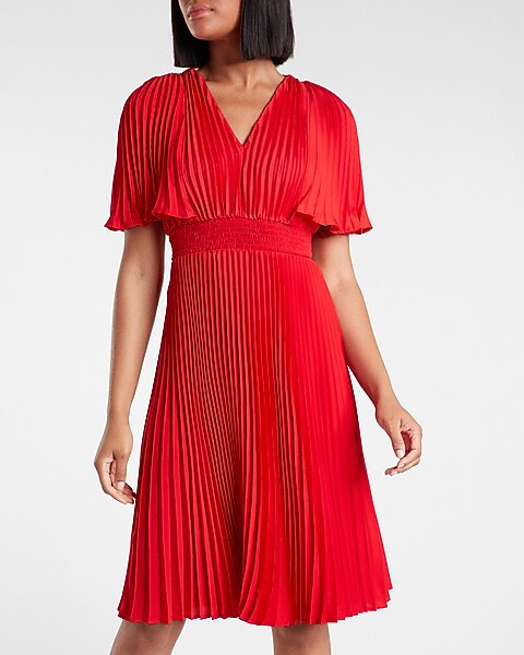 Pleated V-Neck Midi Dress | Express
