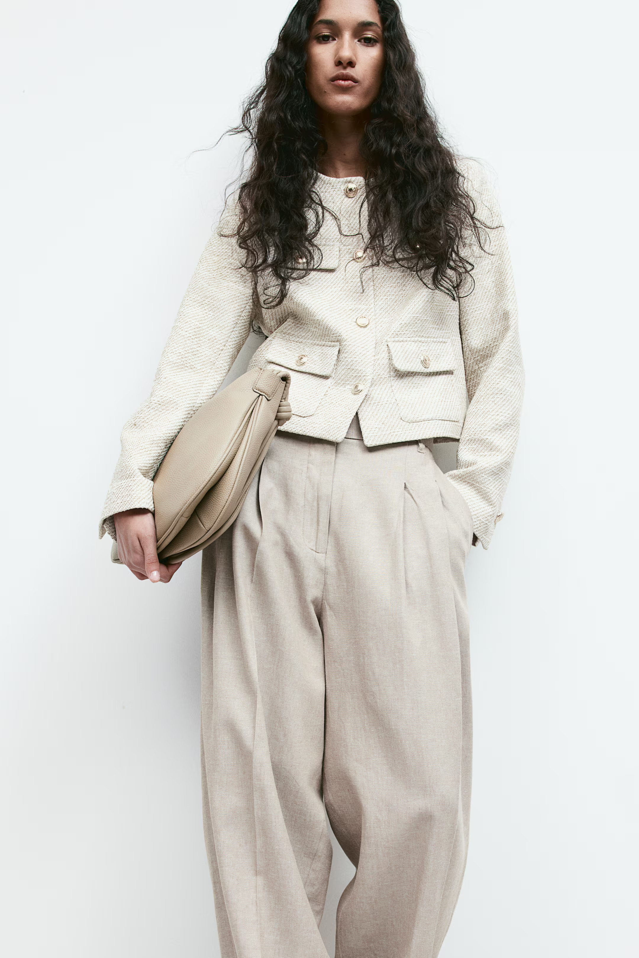 Textured-weave jacket - Round neck - Long sleeve - Light beige marl - Ladies | H&M GB | H&M (UK, MY, IN, SG, PH, TW, HK)