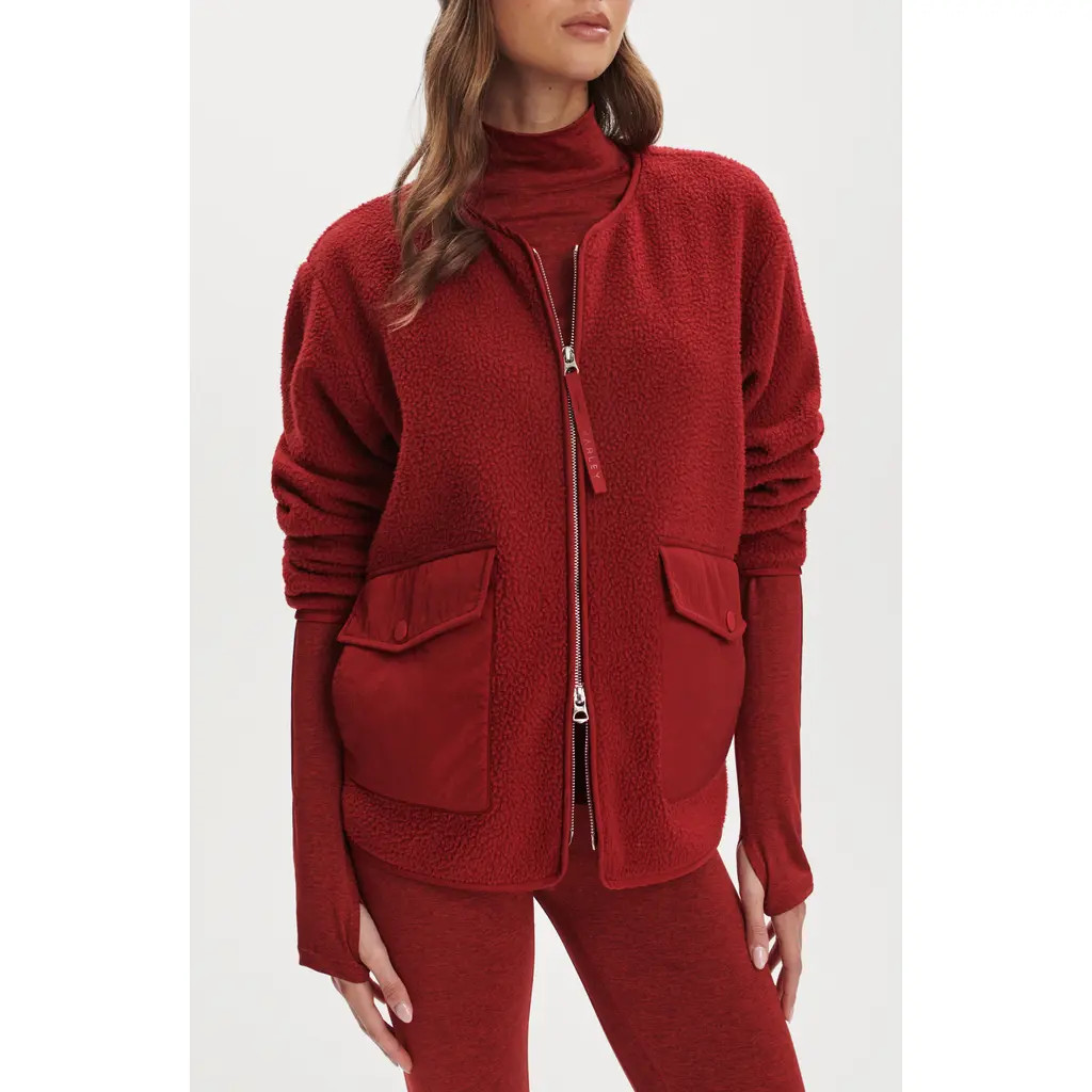 Varley Marina Collarless High Pile Fleece Jacket in Red Dahlia at Nordstrom, Size Large | Nordstrom