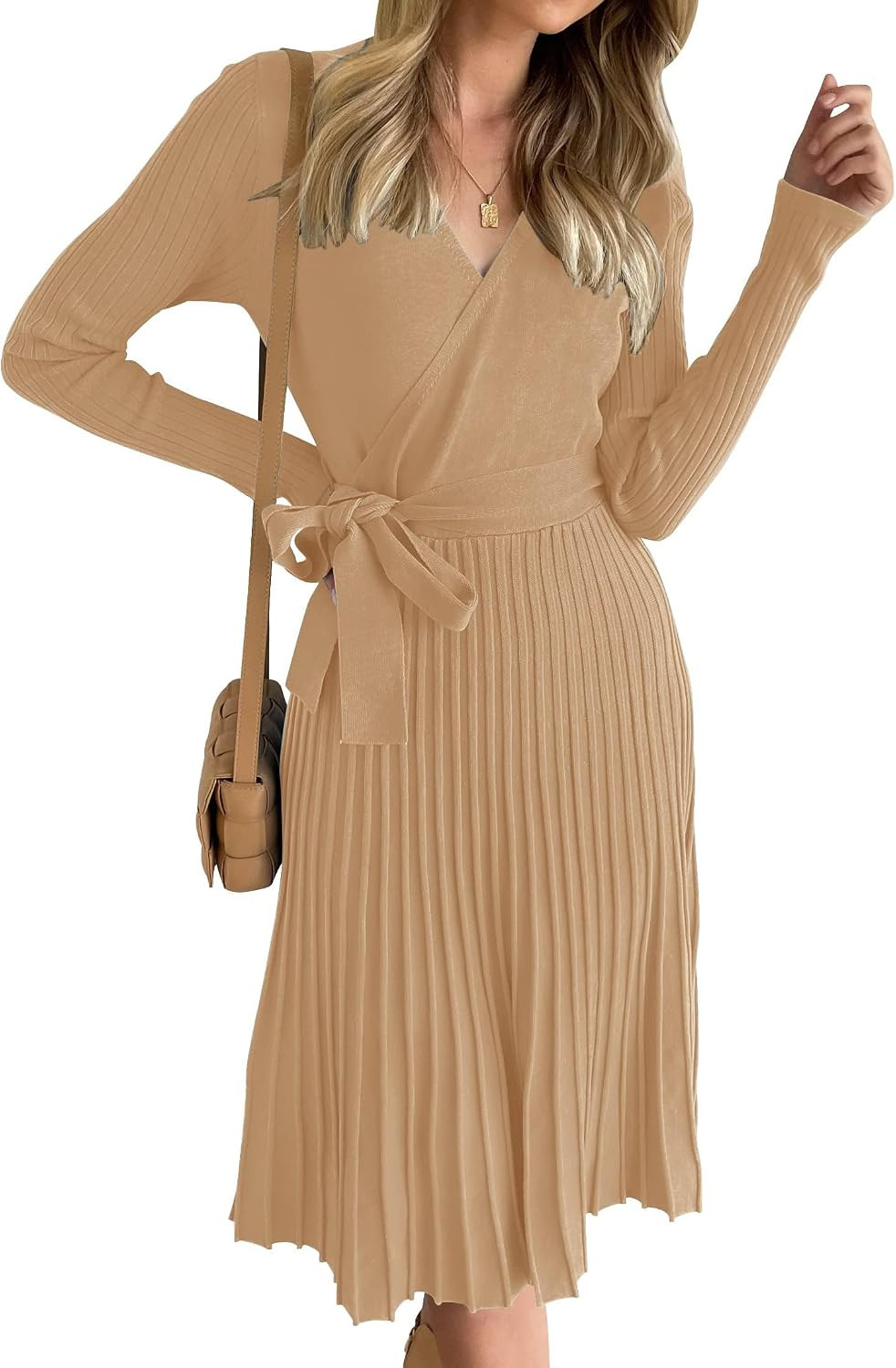 ZESICA Women's Fall Long Sleeve Wrap Wedding Guest Midi Sweater Dresses | Amazon (US)