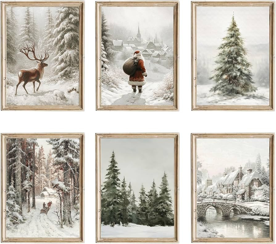 TWNSLLA Vintage Christmas Decor Wall Art Set of 6,Vintage Christmas Wall Decor,Moody Snowy Landsc... | Amazon (US)