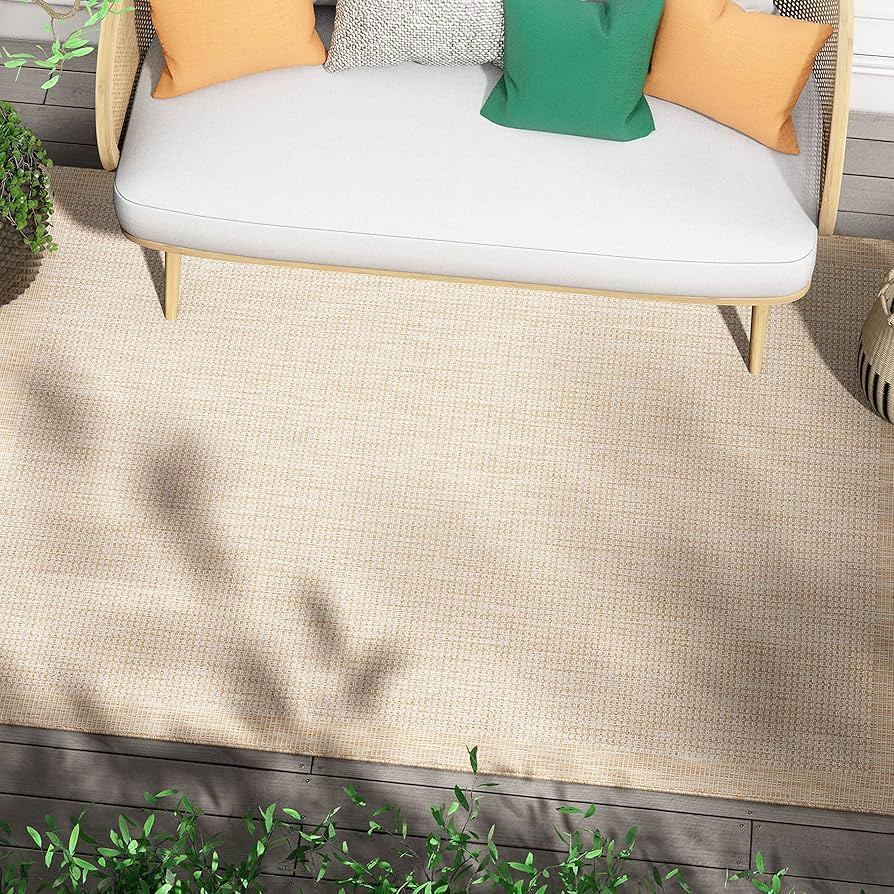 Well Woven Woden Ivory Indoor/Outdoor Flat Weave Pile Solid Color Border Pattern Area Rug (7'10" ... | Amazon (US)