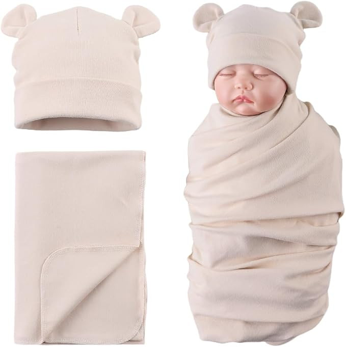 PESAAT Cotton Baby Swaddle Hat Set Newborn Infant Hats Receiving Blankets for Baby Boys Girls | Amazon (US)