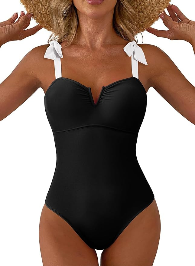 Aleumdr Women's One Piece Swimsuits Tummy Control Bathing Suits V Neck Boho Tie Shoulder Ruched F... | Amazon (US)